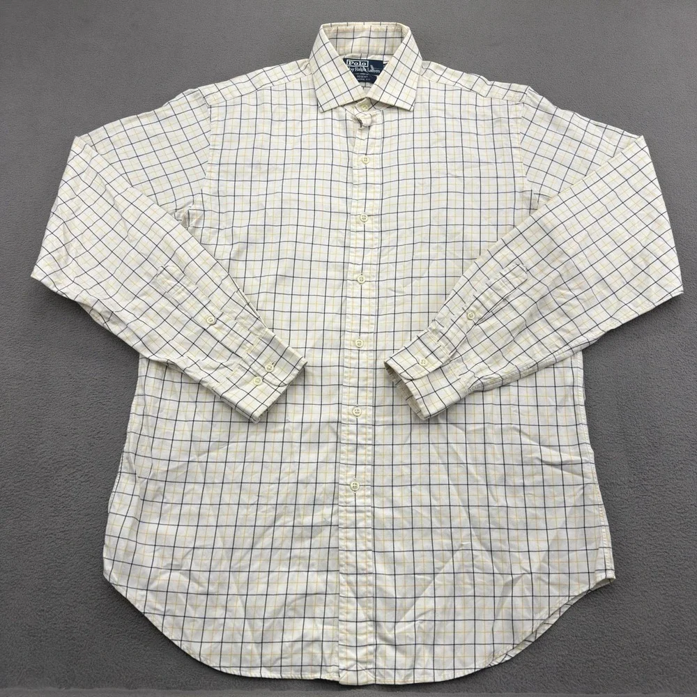 Polo Ralph Lauren Regent Shirt Mens M Navy Blue Yellow Plaid Classic Button Up